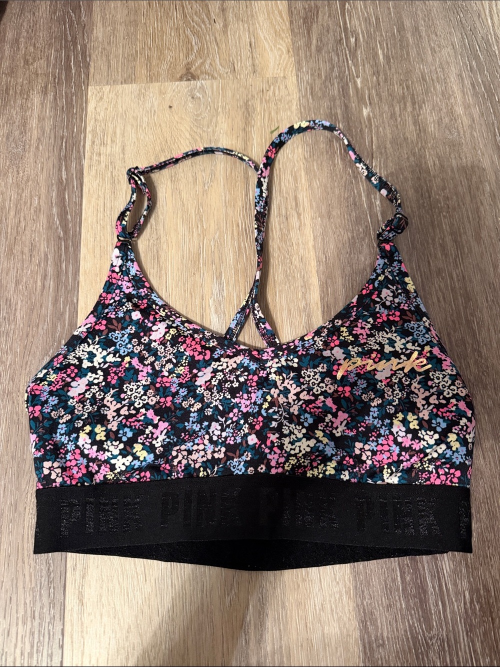 PINK Victoria's Secret Black Floral Strappy Sports Bra